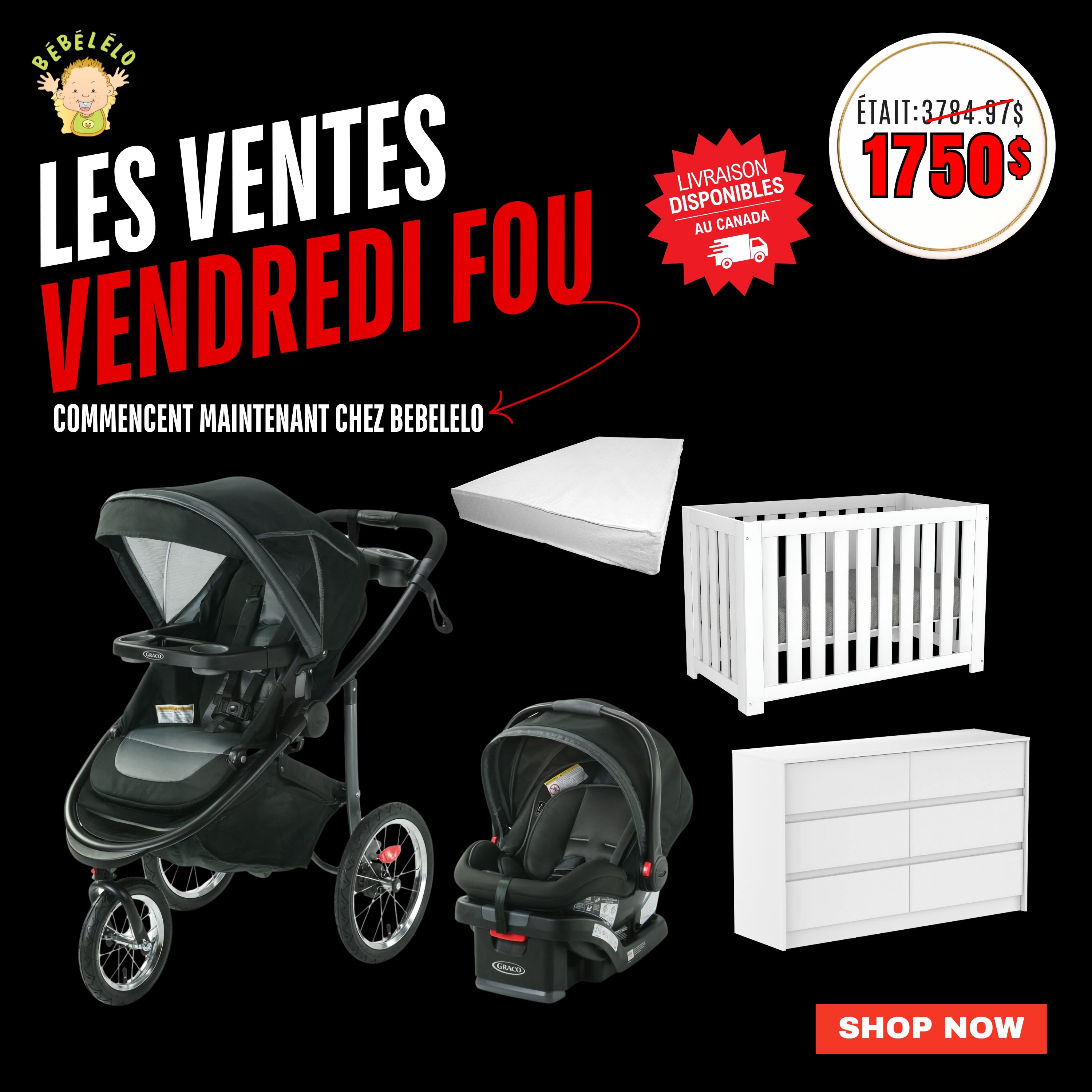 Lit Convertible Blanc fabriqué au Québec, Commode Double fabriquée au Québec, Matelas pour Bébé fabriqué au Canada, Poussette et Siège d'Auto Graco Modes Jogger - Felix