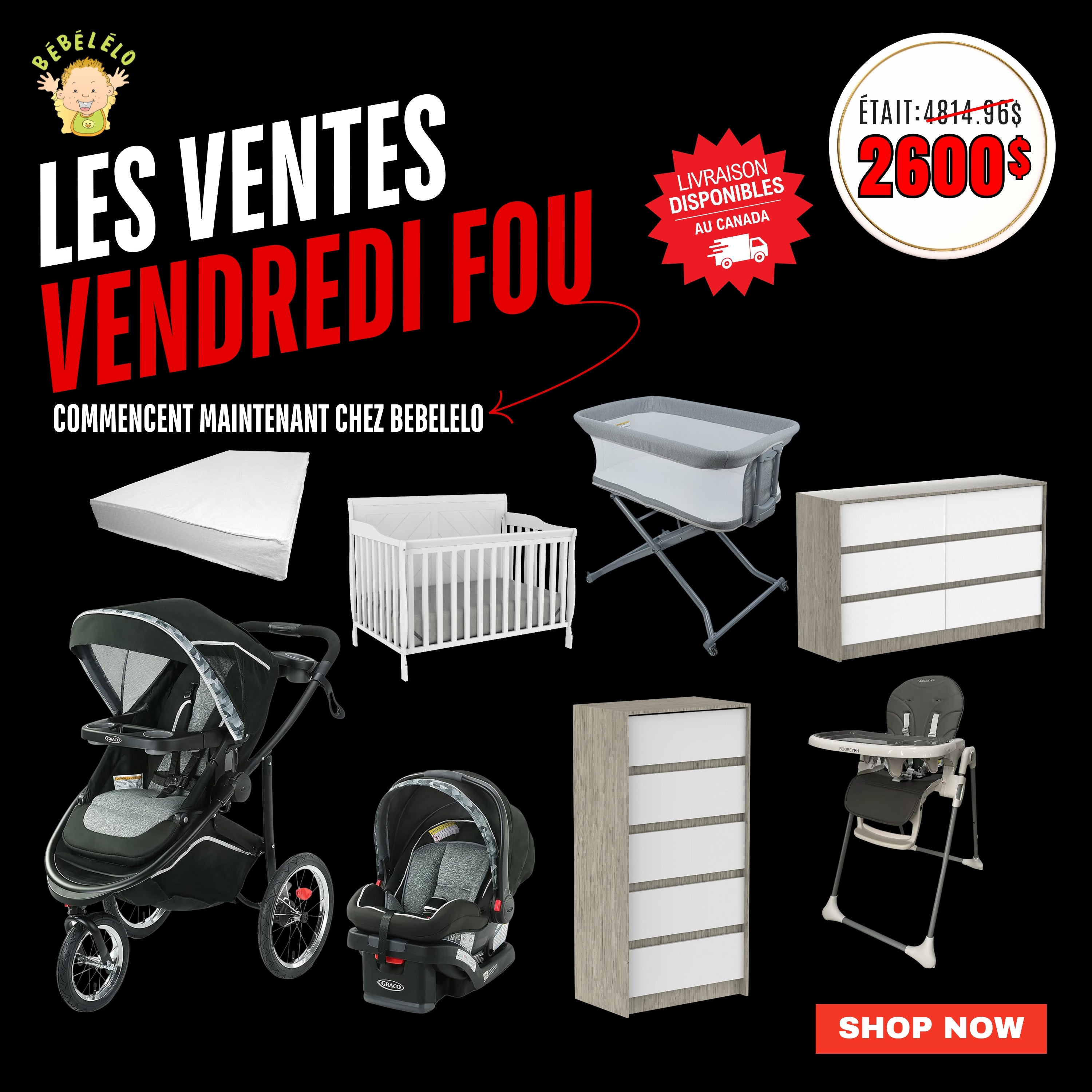 Système de voyage graco, lit convertible, berceau, chaise haute, matelas et commodes