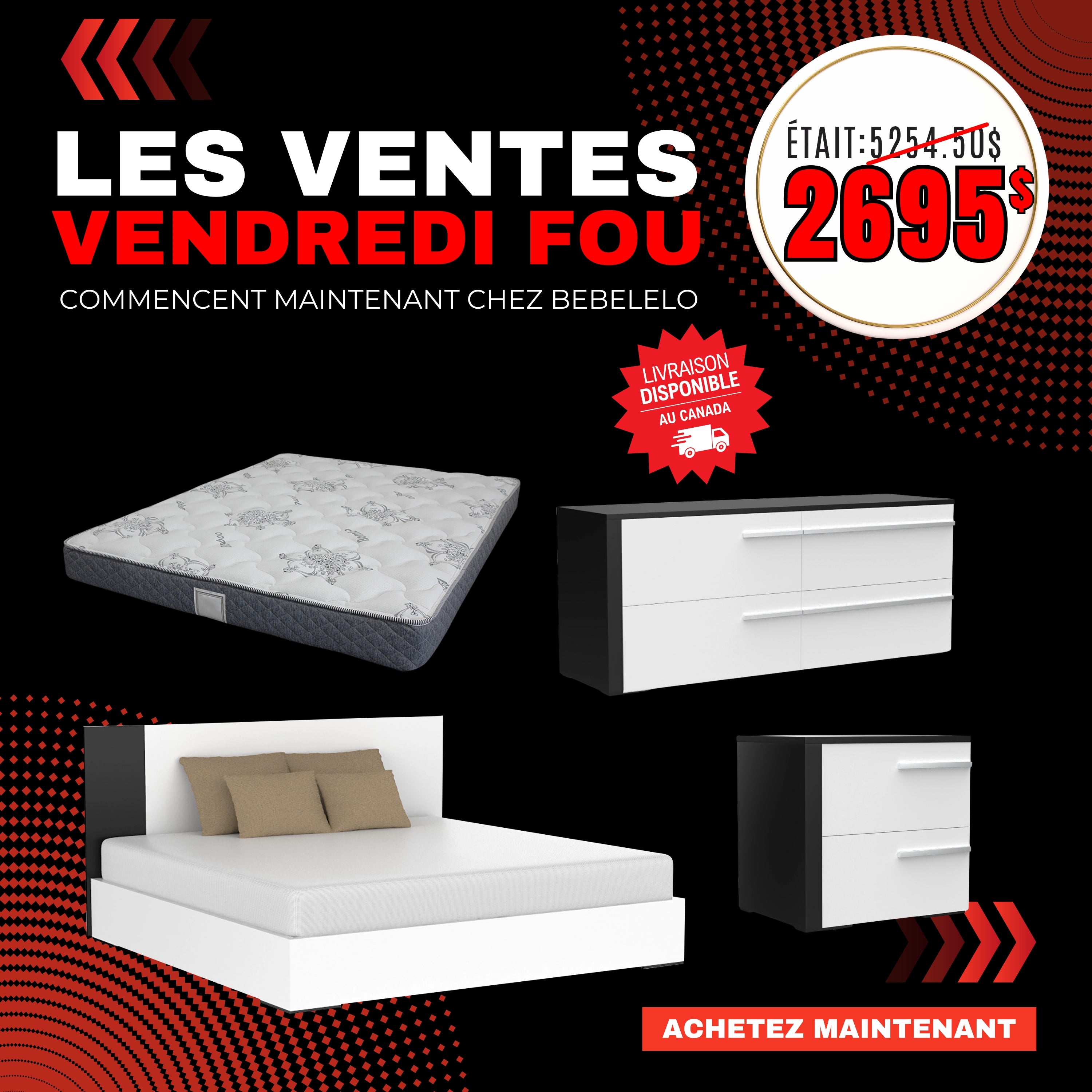 Trio gabriella lit double, commode, table de nuit et matelas