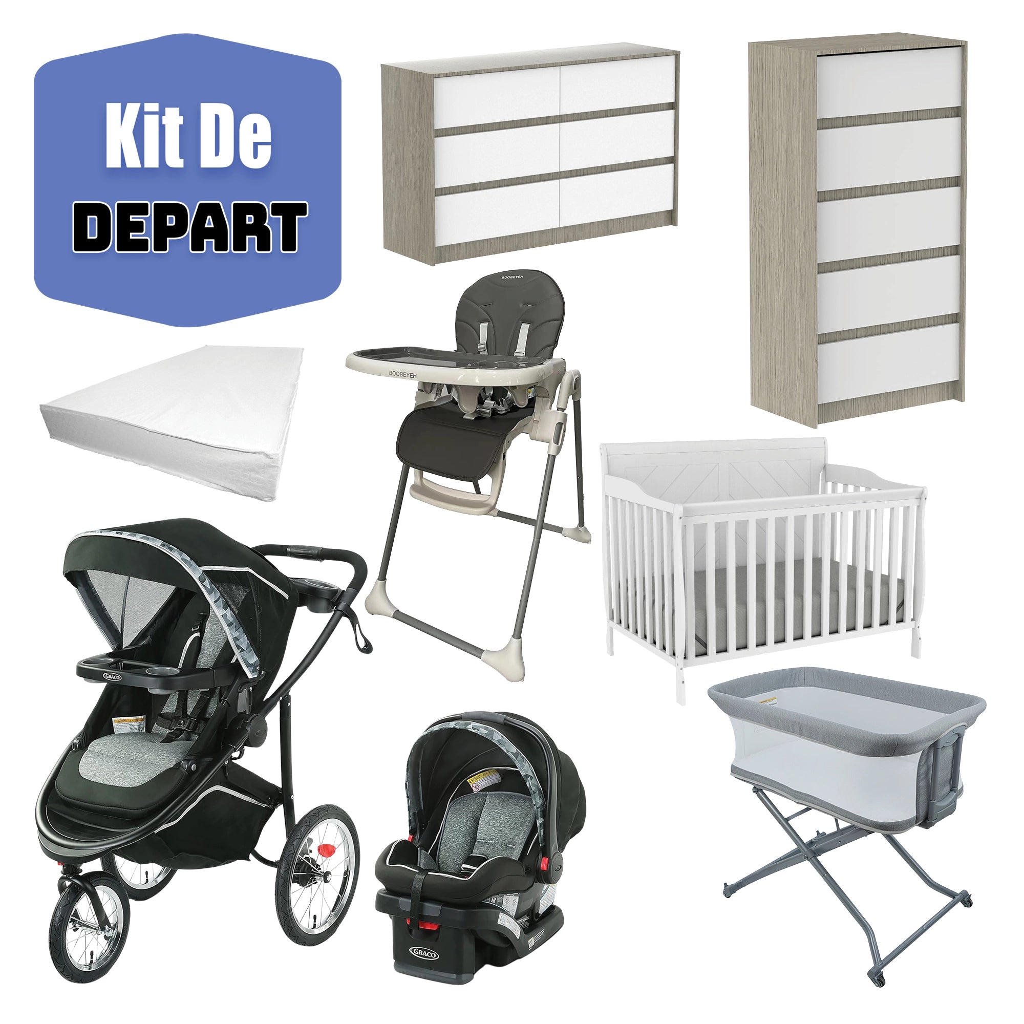 Système de voyage graco, lit convertible, berceau, chaise haute, matelas et commodes