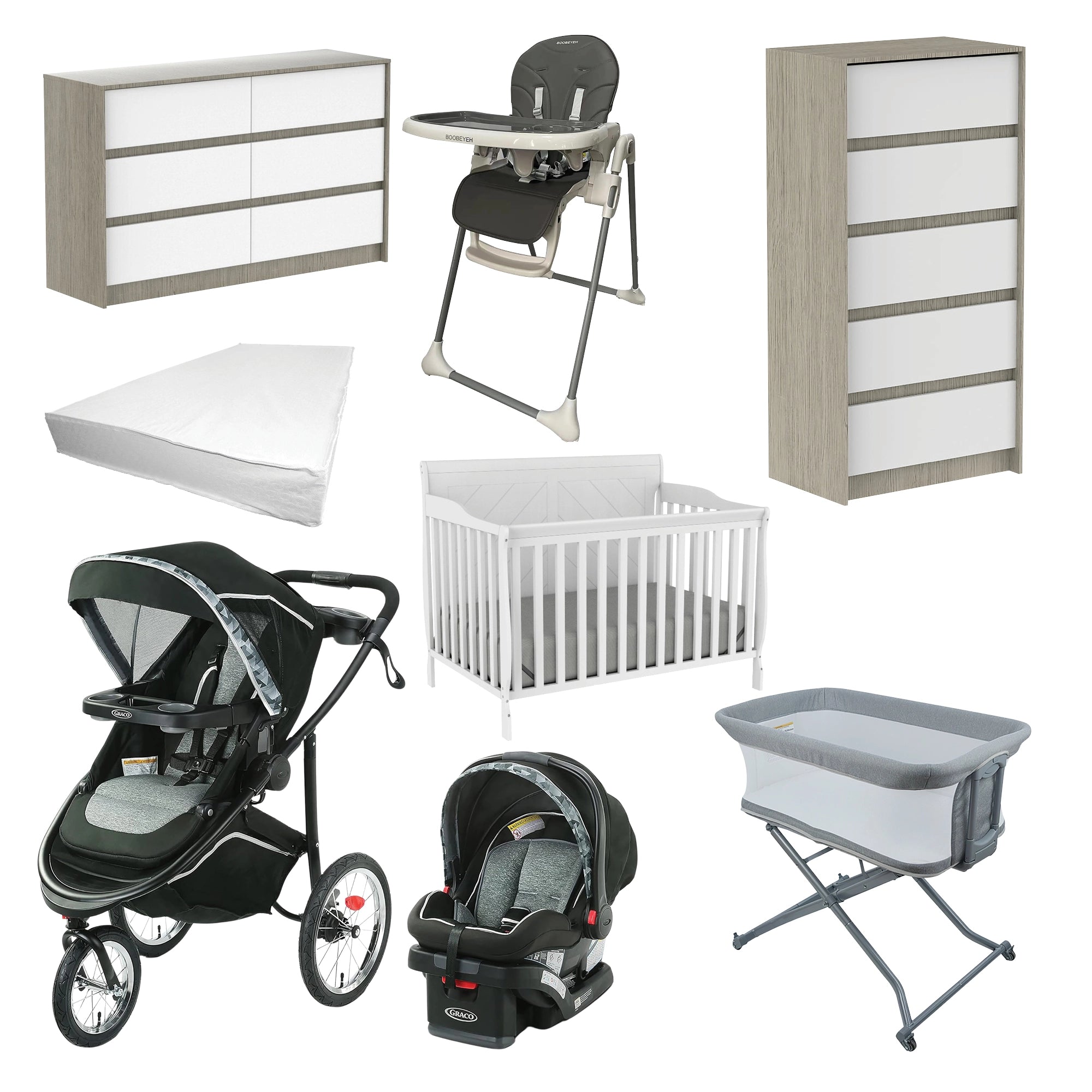 Système de voyage graco, lit convertible, berceau, chaise haute, matelas et commodes