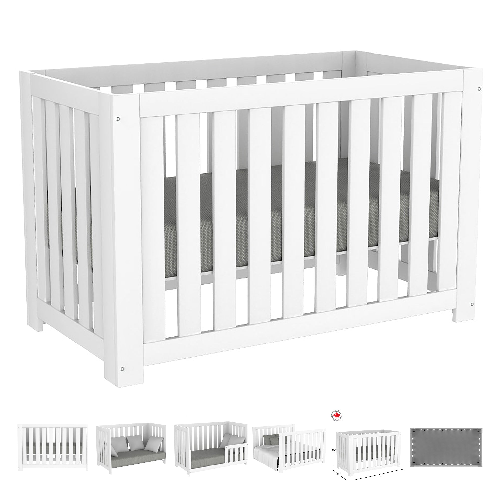 Lit Convertible Blanc fabriqué au Québec, Commode Double fabriquée au Québec, Matelas pour Bébé fabriqué au Canada, Poussette et Siège d'Auto Graco Modes Jogger - Felix