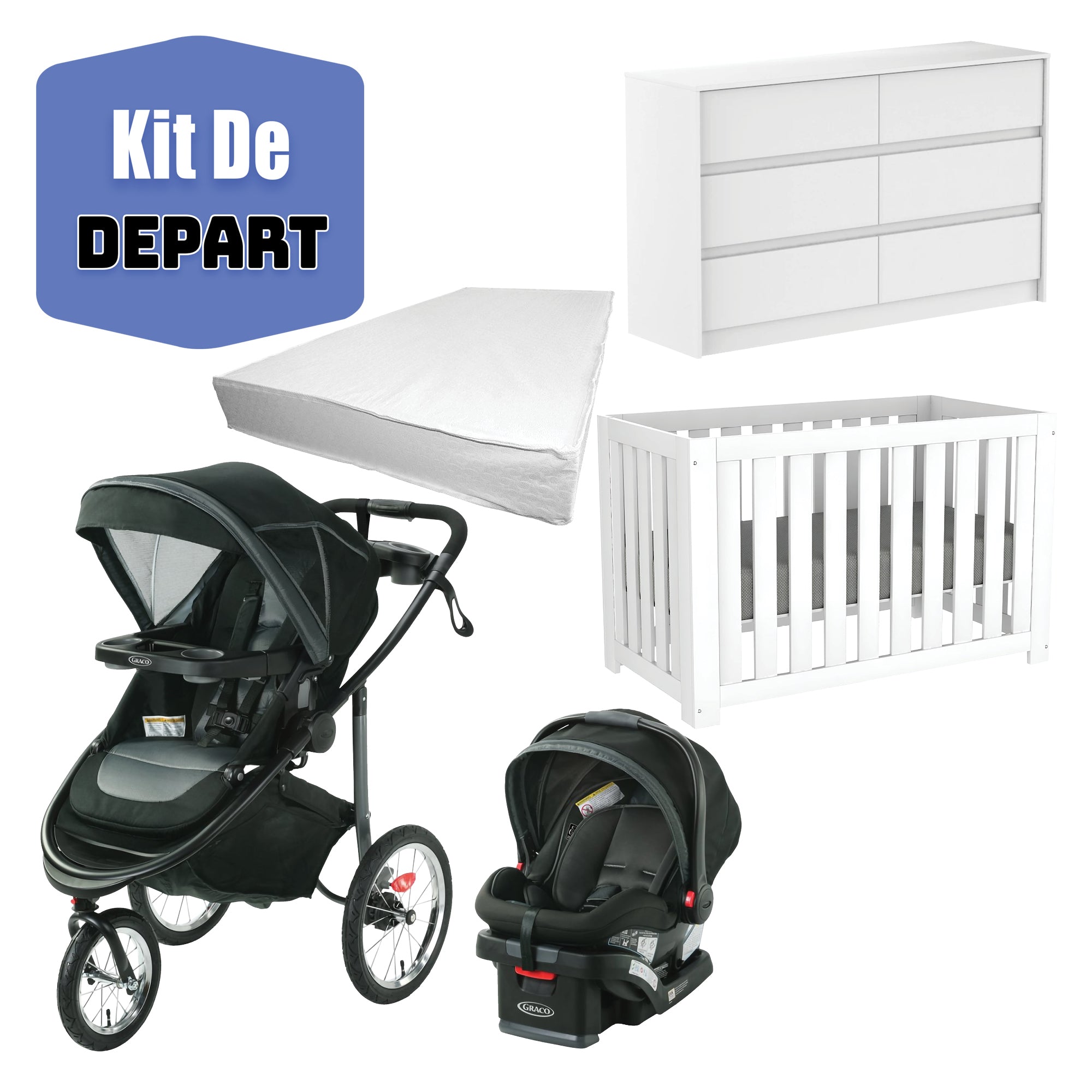 Lit Convertible Blanc fabriqué au Québec, Commode Double fabriquée au Québec, Matelas pour Bébé fabriqué au Canada, Poussette et Siège d'Auto Graco Modes Jogger - Felix