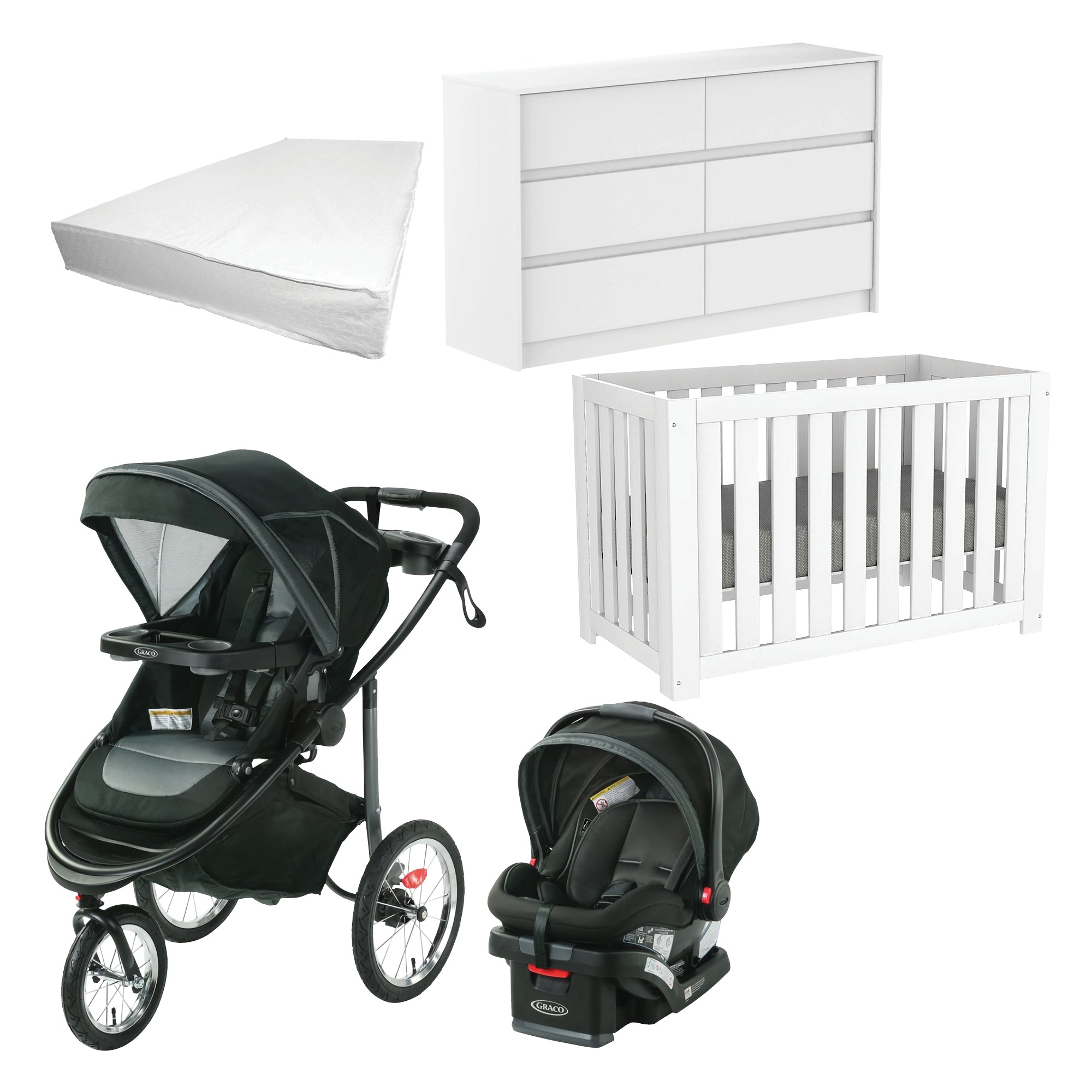 Lit Convertible Blanc fabriqué au Québec, Commode Double fabriquée au Québec, Matelas pour Bébé fabriqué au Canada, Poussette et Siège d'Auto Graco Modes Jogger - Felix