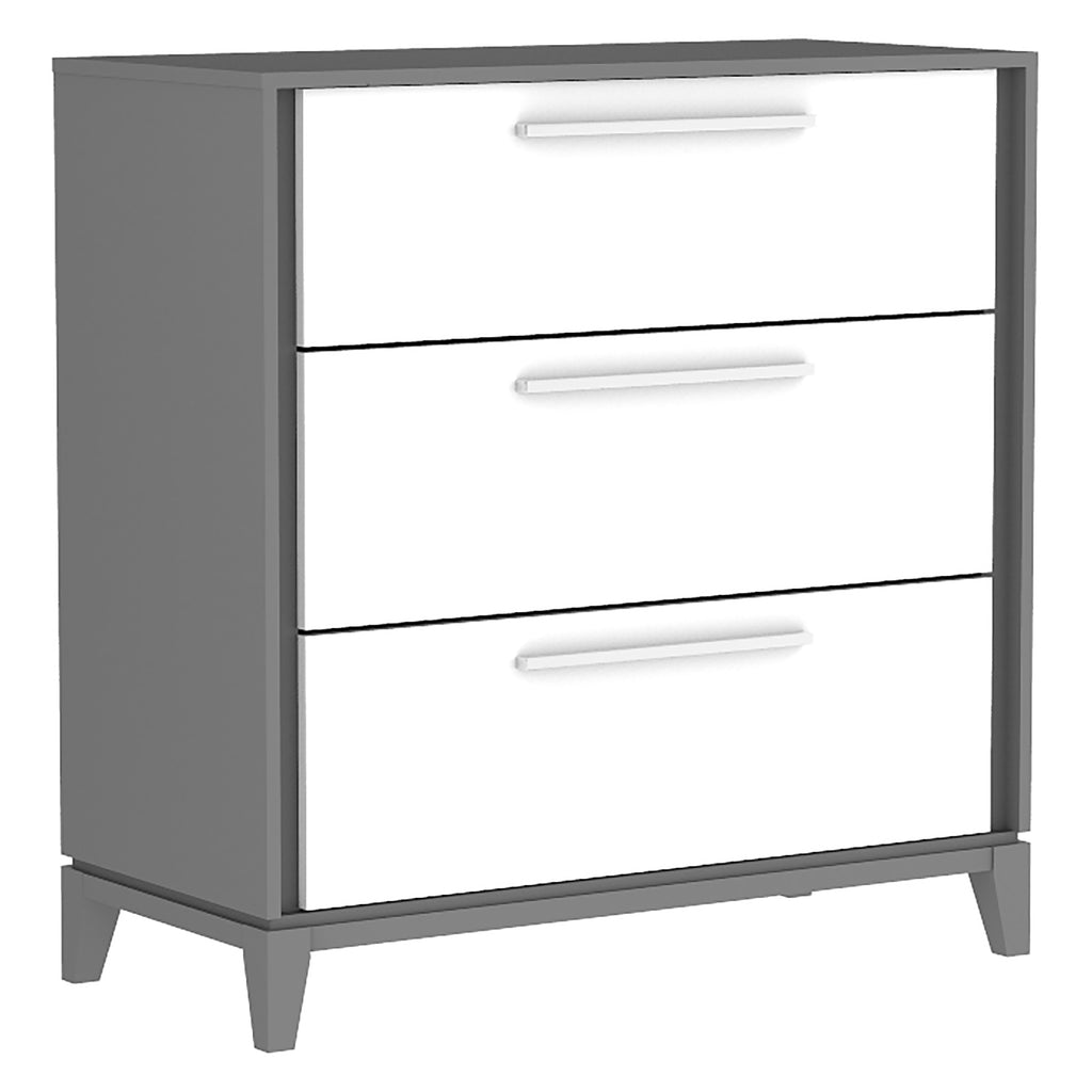 Commode 3 tiroirs moderna pour chambre, gris foncé et blanc