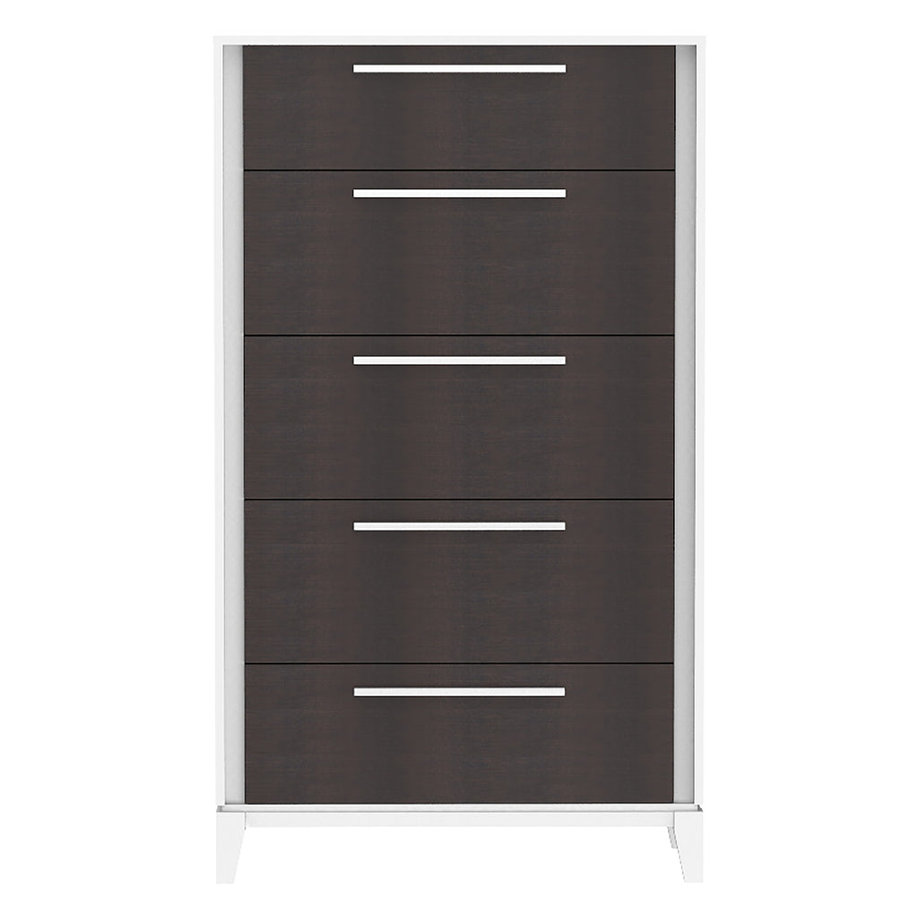 Commode 5 tiroirs moderna pour chambre, blanc et grange en bois
