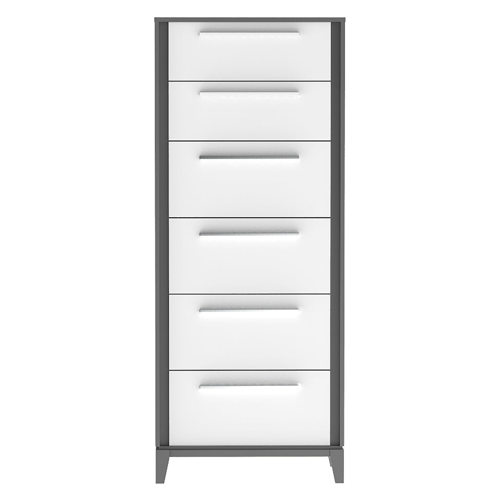 Commode 6 tiroirs moderna pour chambre, gris foncé et blanc