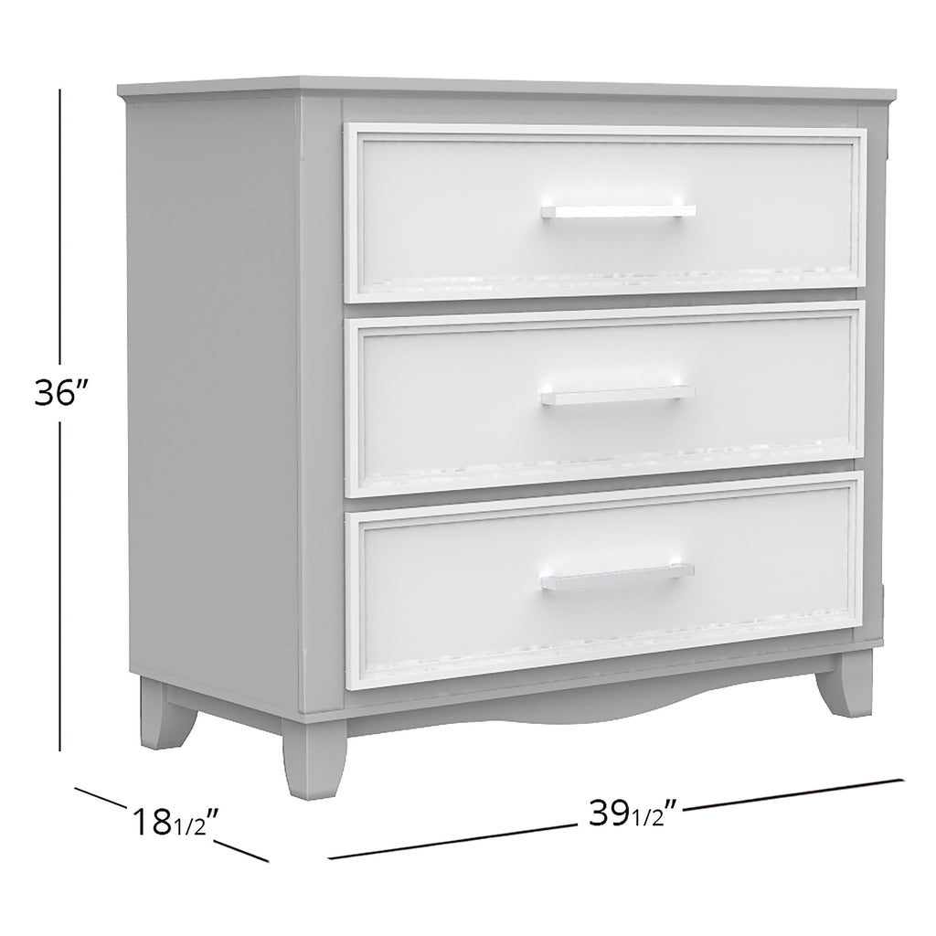 Commode 3 tiroirs bella pour chambre, gris et blanc