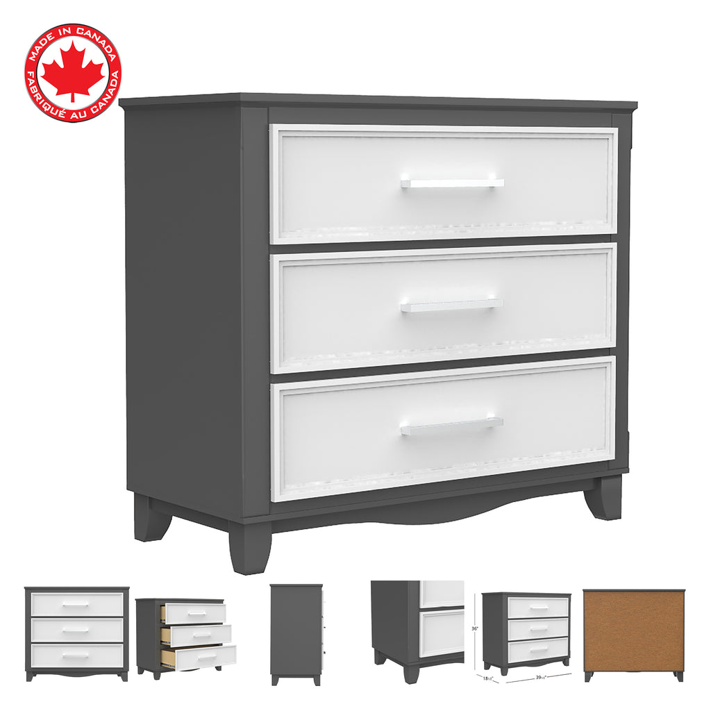 Commode 3 tiroirs bella pour chambre, gris foncé et blanc