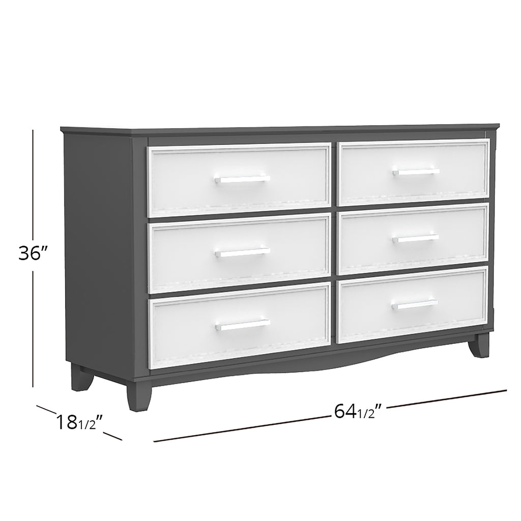 Bureau double 6 tiroirs bella pour chambre, gris foncé et blanc