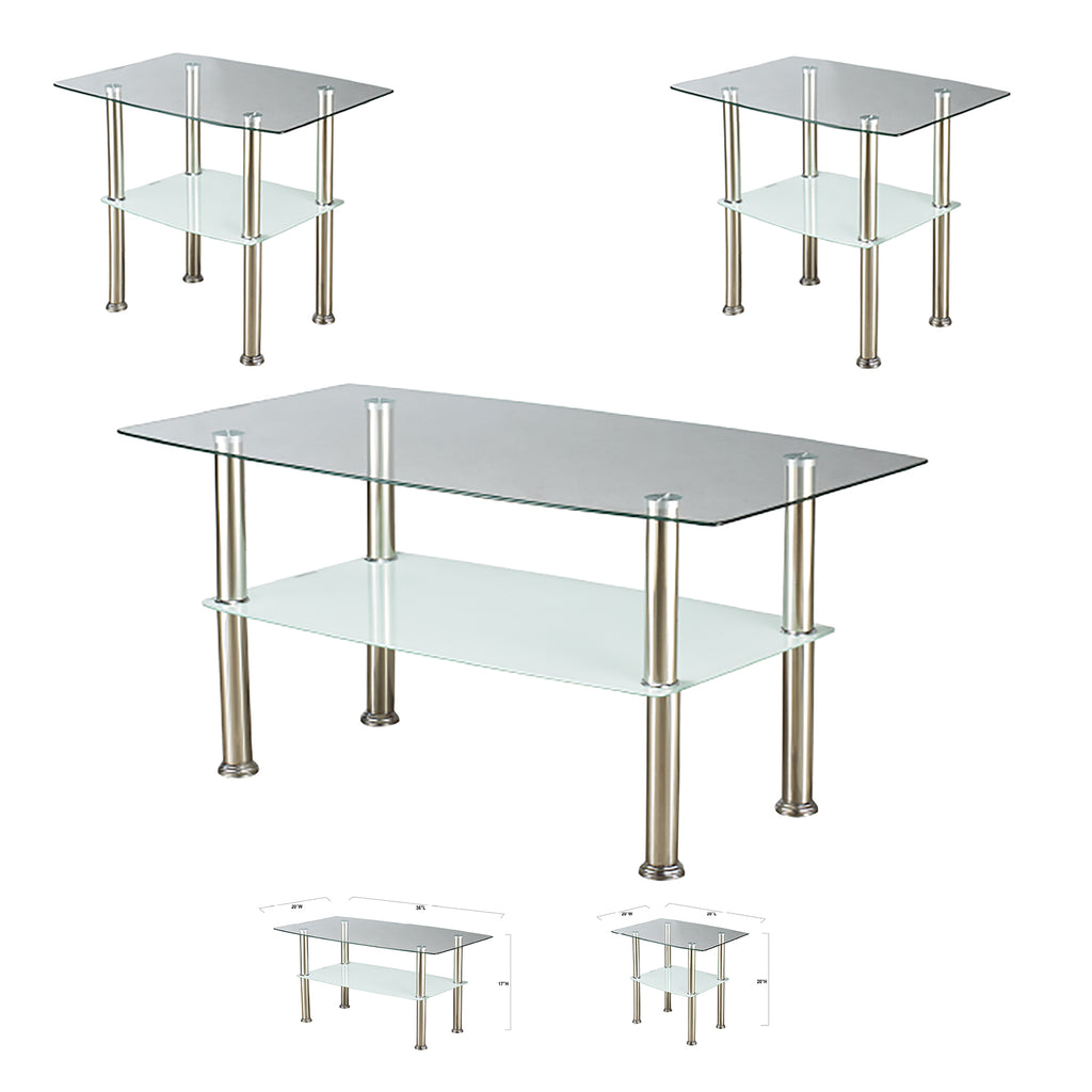 Bebelelo - Table basse 3 pièces avec 2 tables d'appoint, plateau en verre et pieds chromés