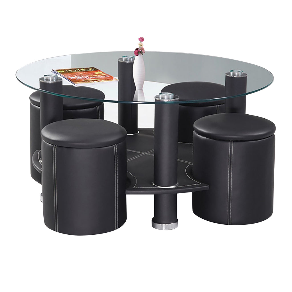 Bebelelo Ensemble table basse et 4 tabourets, plateau en verre noir et surpiqûres contrastées